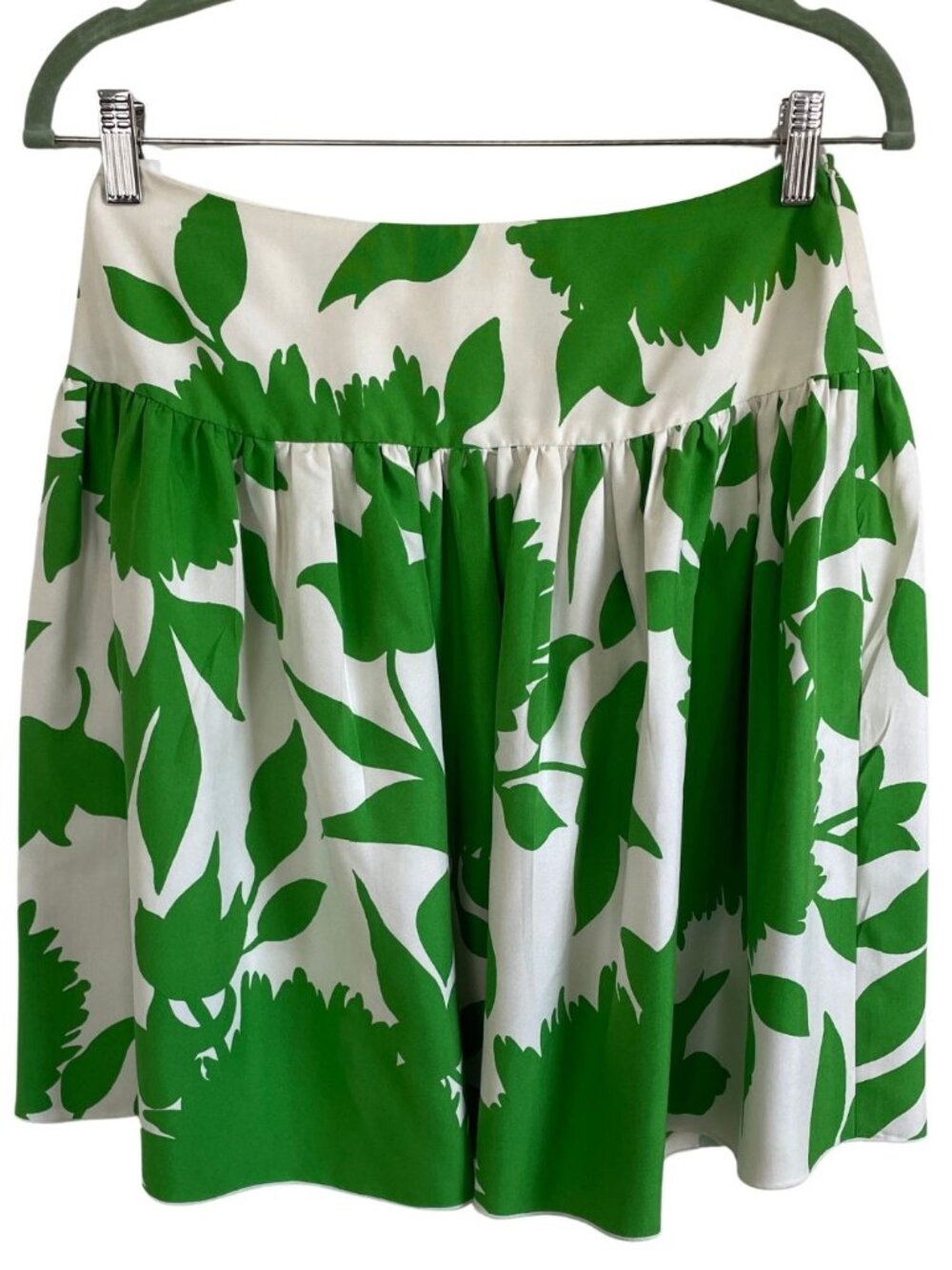 ANNA SUI Green White Floral Leaf Printed Gathered High Waist Midi Skirt 4 Preppy